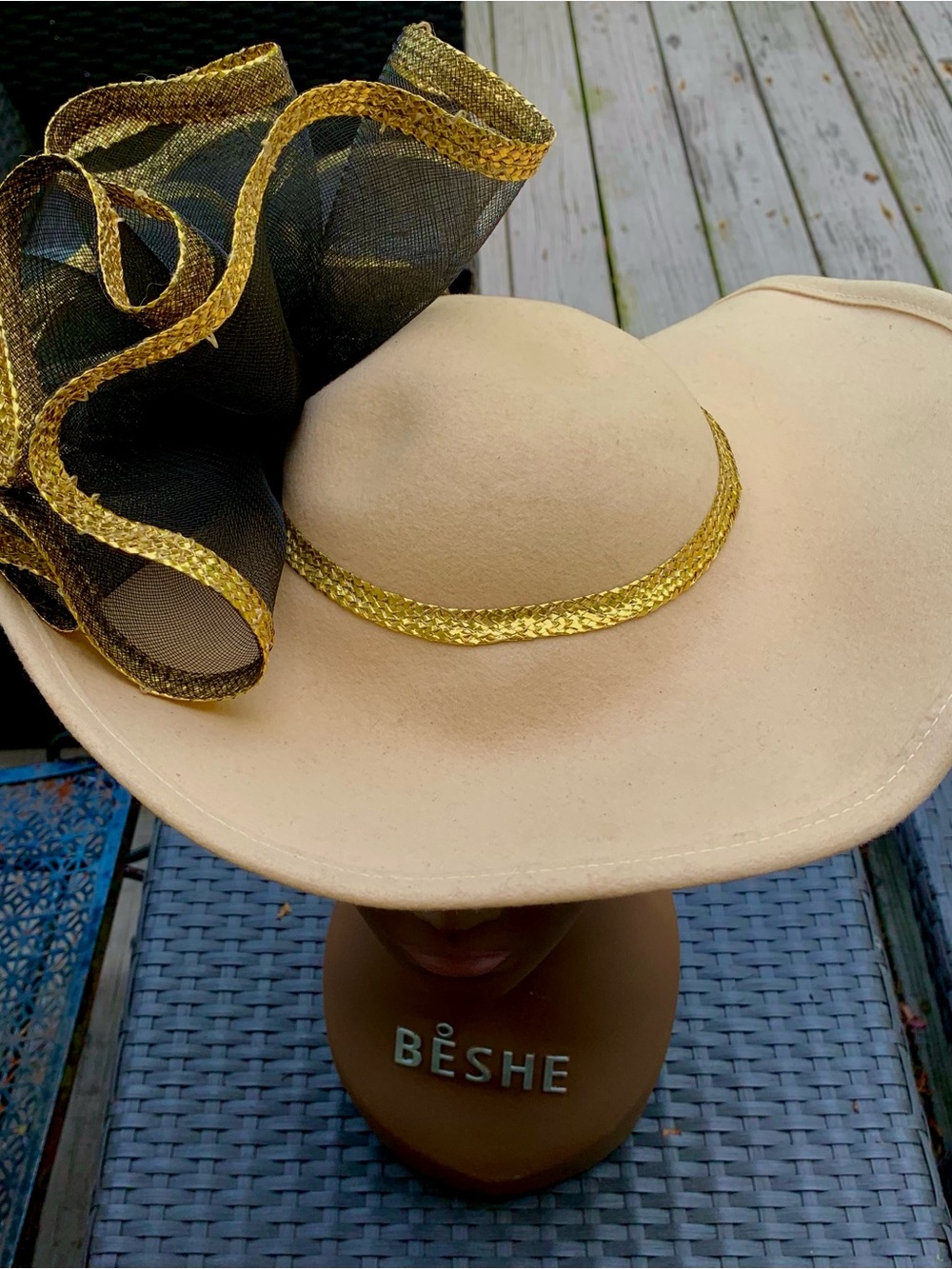 Beige Wide-Brim Dress Hat with Black & Gold Bow Accent - Picture 10 of 14